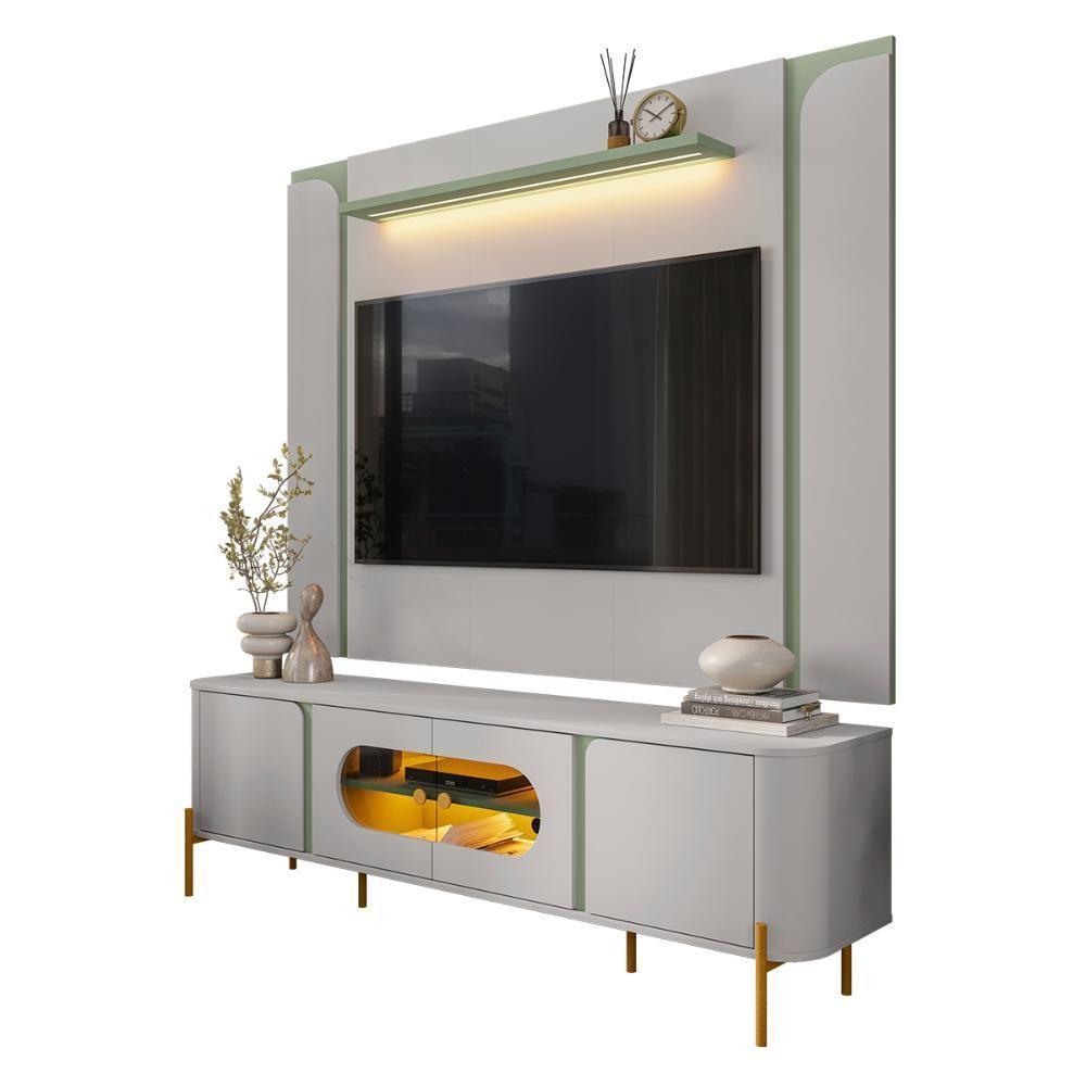 Conjunto De Painel Maresias Com Rack Juquehy Para Tv Até 75 Off White Pistache - 1