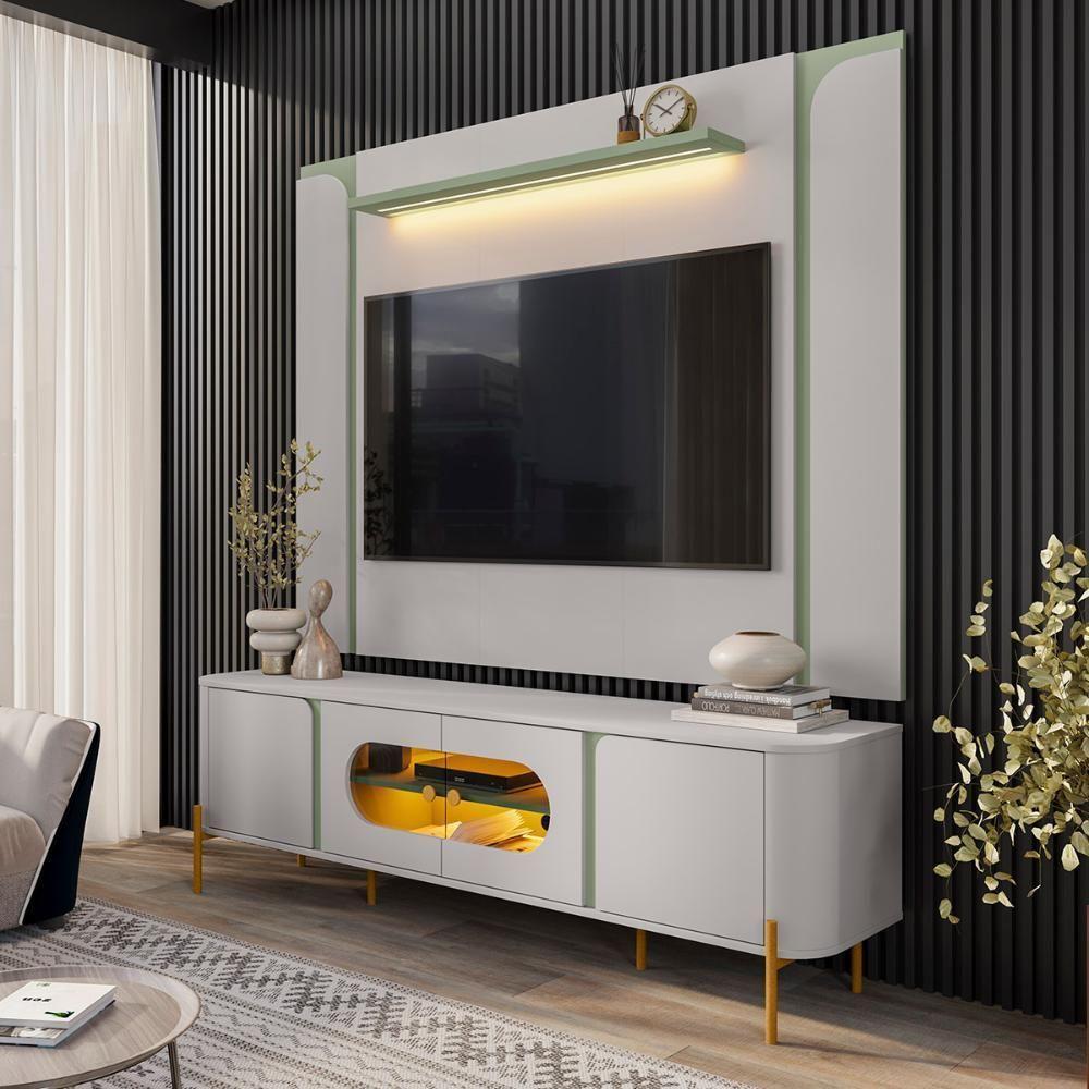 Conjunto De Painel Maresias Com Rack Juquehy Para Tv Até 75 Off White Pistache - 2