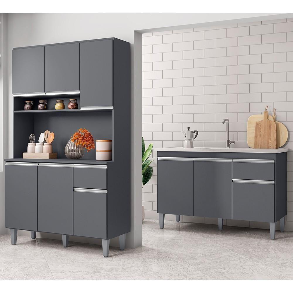 Cozinha Compacta Márcia E Balcão Gabinete Com Pia Tatiane 120cm Cinza - Ajl Móveis - 2