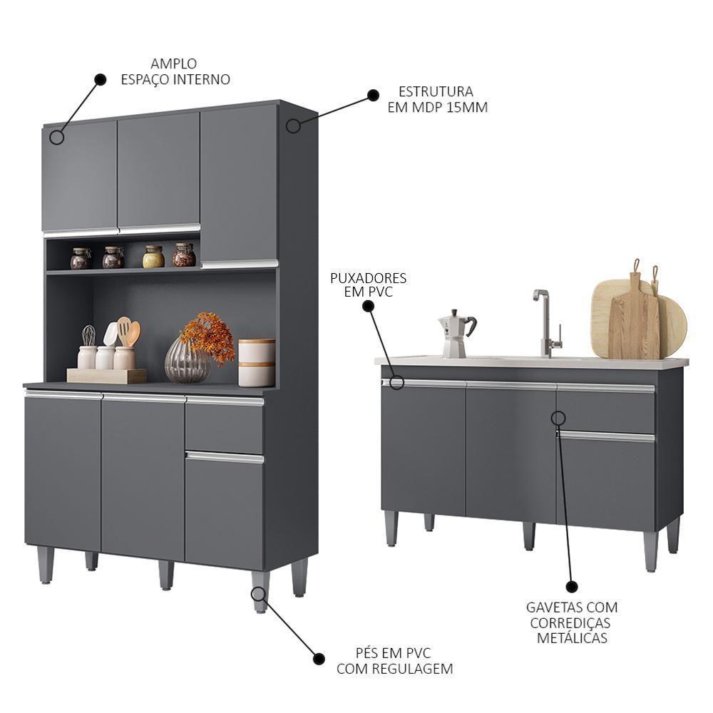 Cozinha Compacta Márcia E Balcão Gabinete Com Pia Tatiane 120cm Cinza - Ajl Móveis - 3