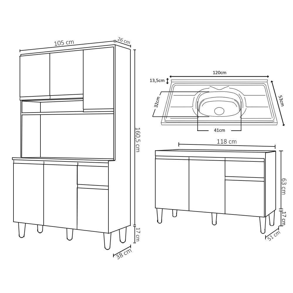 Cozinha Compacta Márcia E Balcão Gabinete Com Pia Tatiane 120cm Cinza - Ajl Móveis - 4