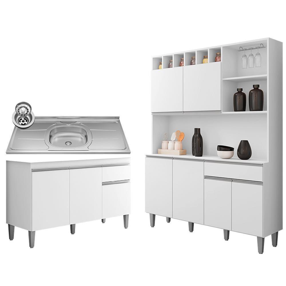 Cozinha Compacta Alice E Balcão Gabinete Com Pia Tatiane 120cm Branco - Ajl Móveis - 1