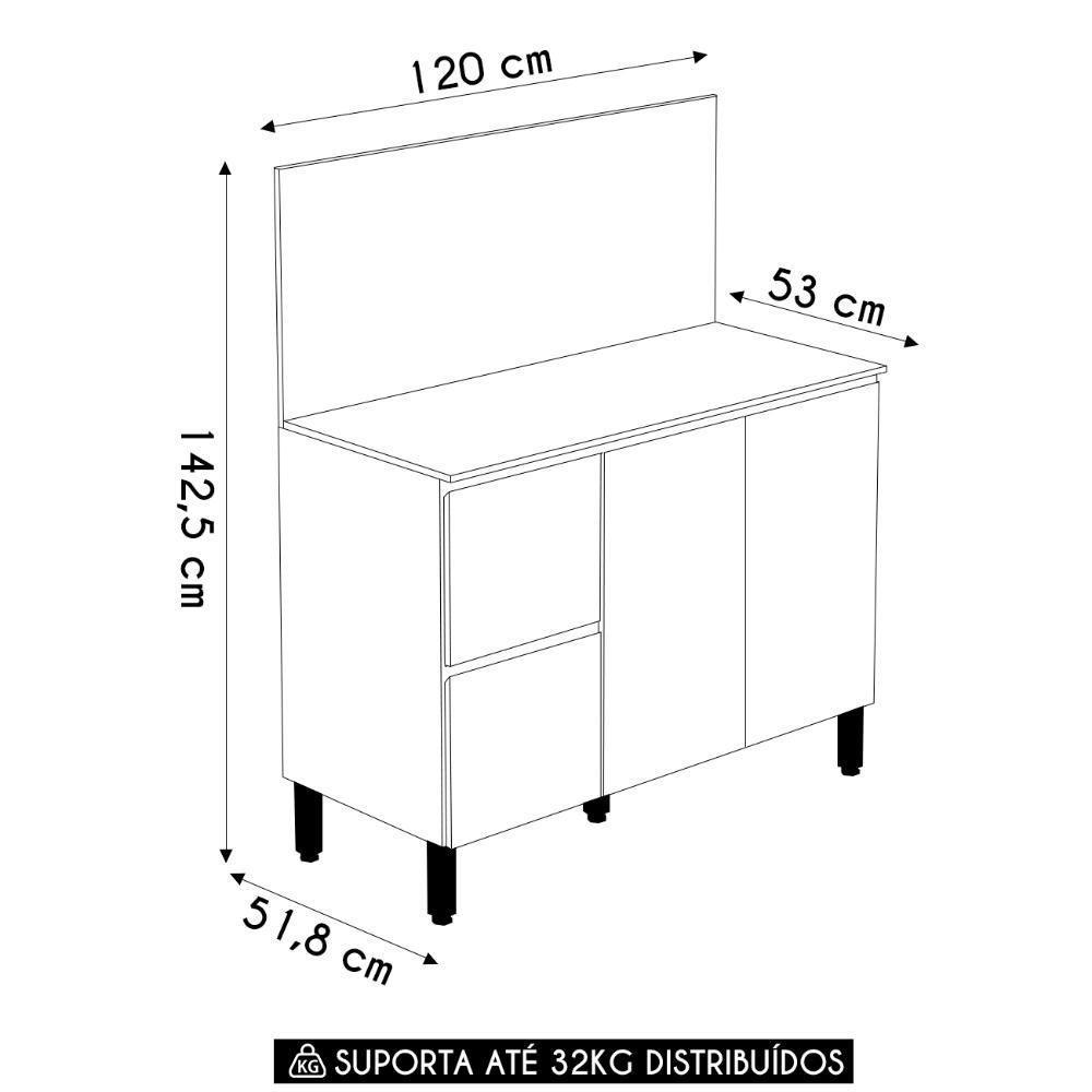 Balcão De Cozinha Com Tampo 120cm 3 Portas Minsk K02 Vanilla - Mpozenato - 3