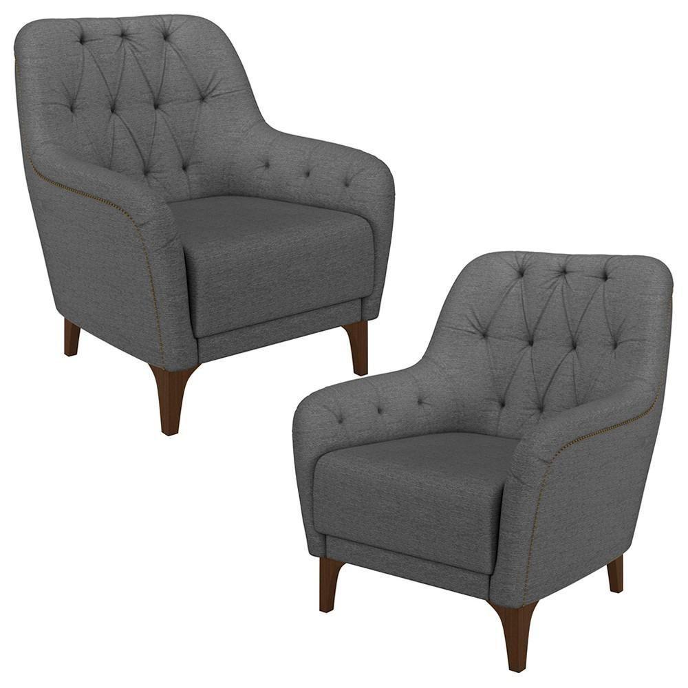 Kit 2 Poltronas Decorativas Para Sala Com Capitonê Pietà M22 Linho Cinza Escuro - Mpozenato - 1