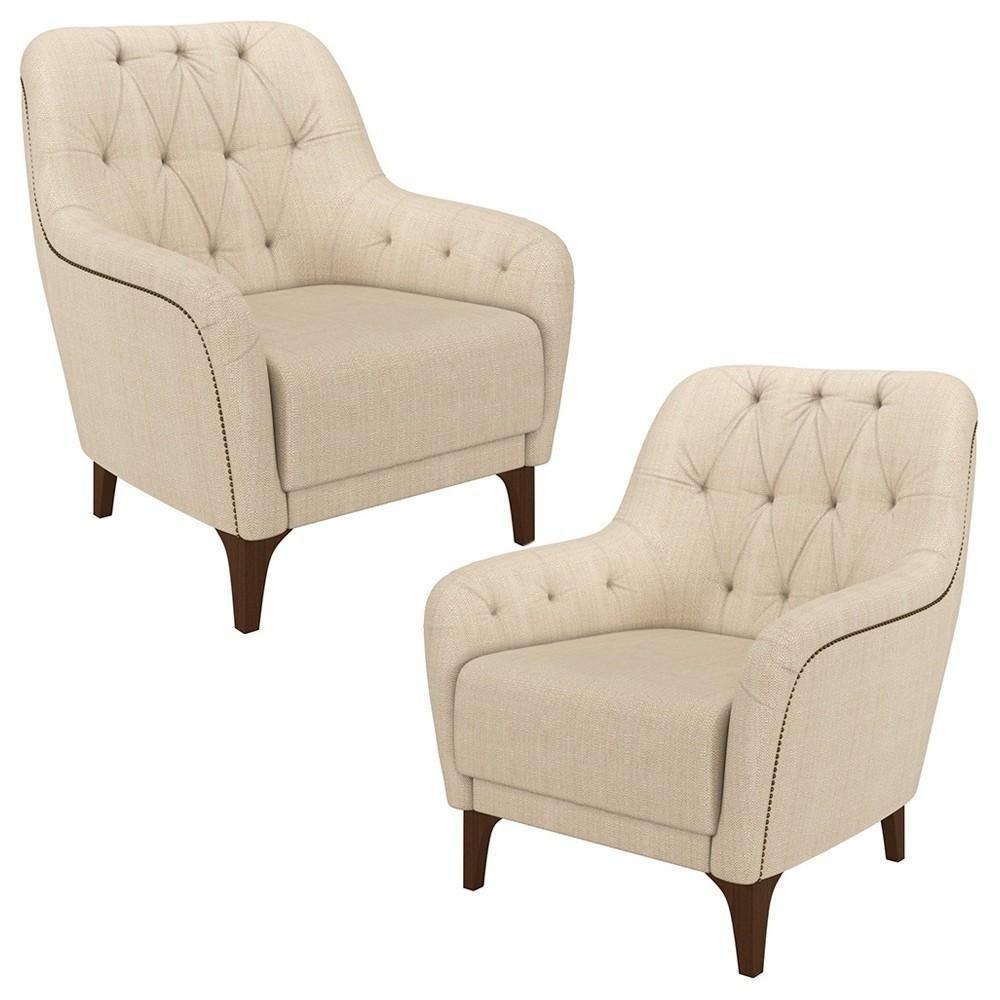 Kit 2 Poltronas Decorativas Para Sala Com Capitonê Pietà M22 Linho Champanhe - Mpozenato - 1