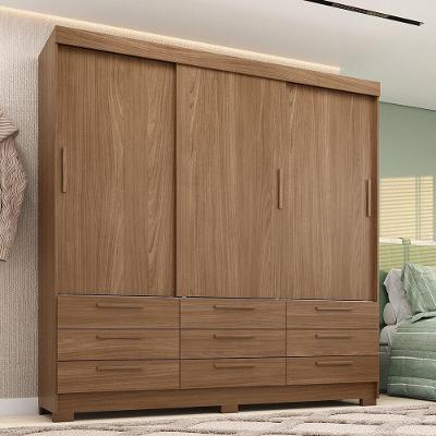 Guarda Roupa Casal Dante 3 Portas de Correr 9 Gavetas Jatoba MDP Estilo MM