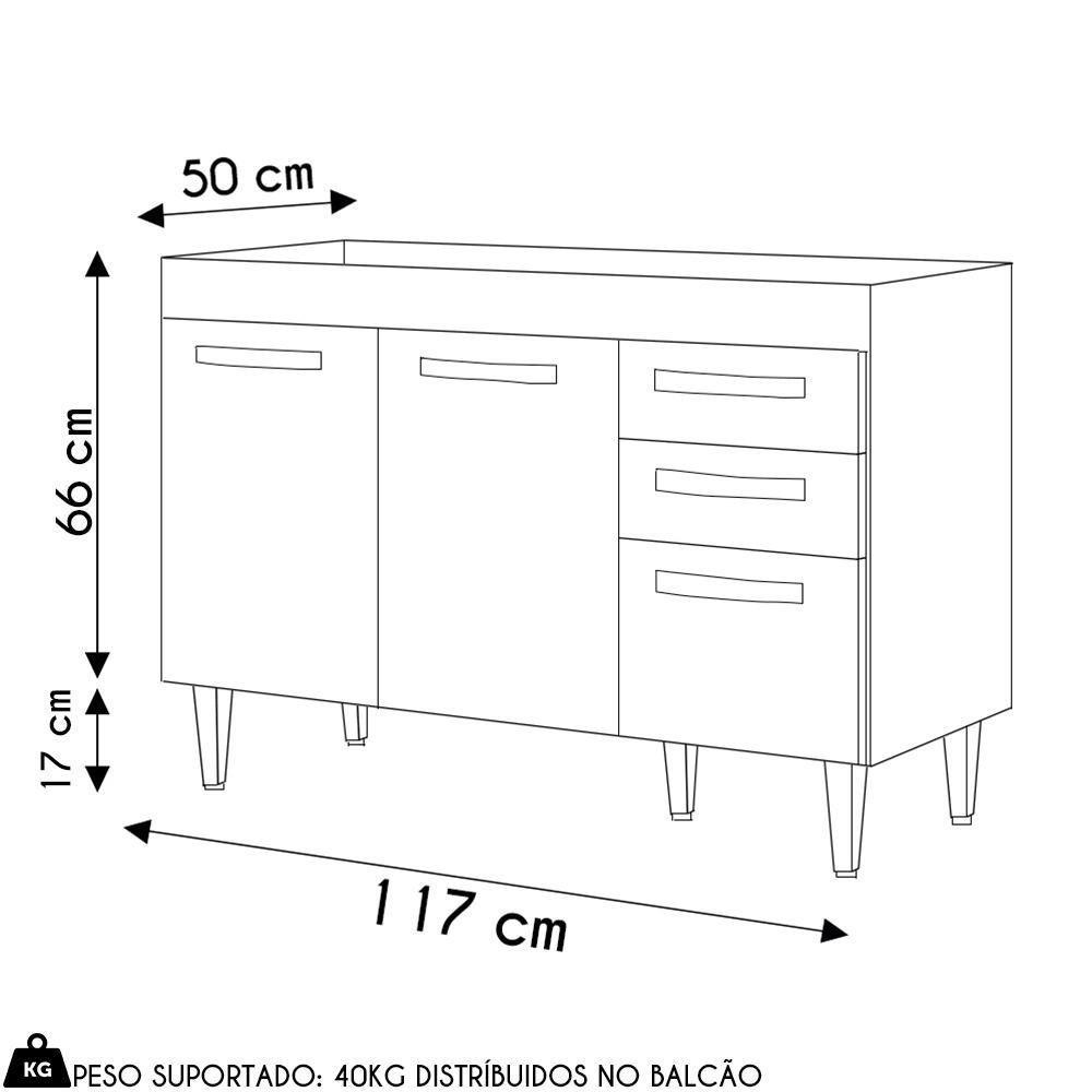 Balcão Gabinete Para Pia 120cm 3 Portas Sem Tampo Suécia Cinza - Lumil - 4