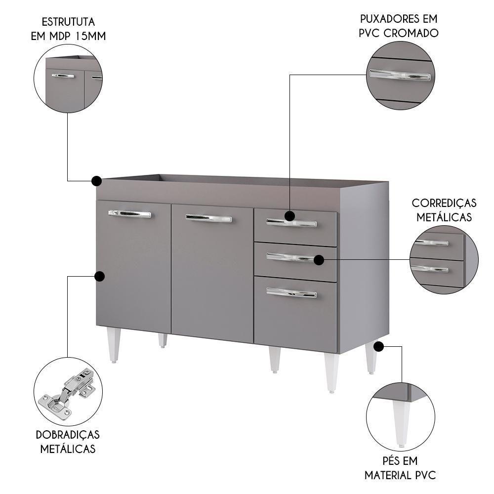 Balcão Gabinete Para Pia 120cm 3 Portas Sem Tampo Suécia Cinza - Lumil - 6