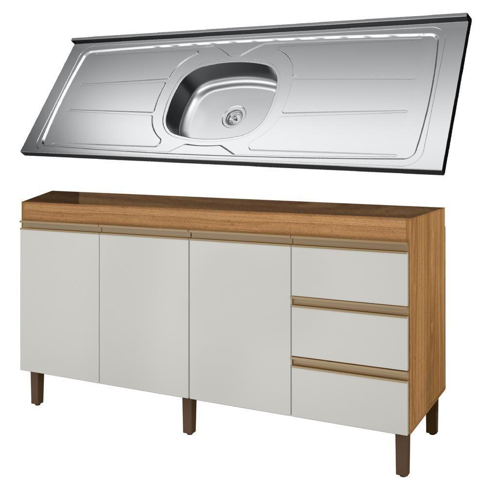 Balcão Gabinete Com Pia 160cm 3 Portas Karen P14 Nature-off White - Mpozenato - 1