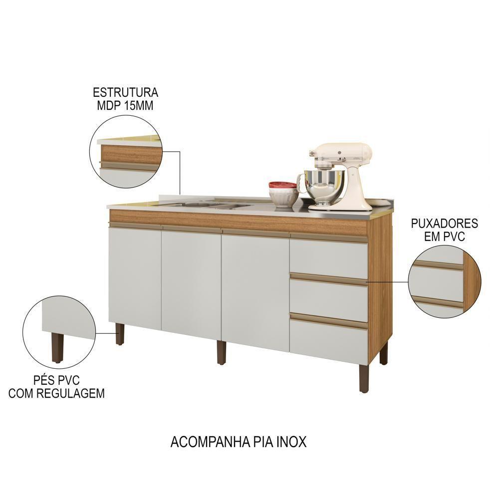 Balcão Gabinete Com Pia 160cm 3 Portas Karen P14 Nature-off White - Mpozenato - 3