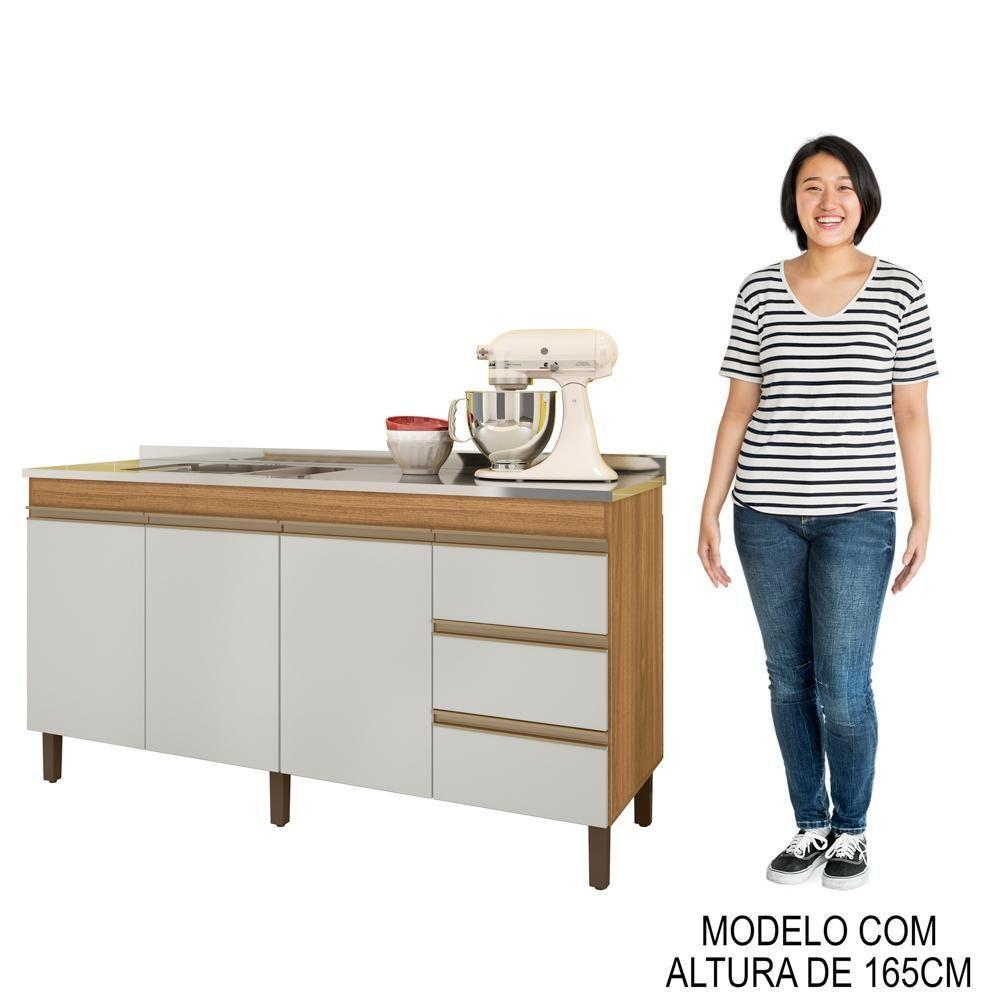 Balcão Gabinete Com Pia 160cm 3 Portas Karen P14 Nature-off White - Mpozenato - 5