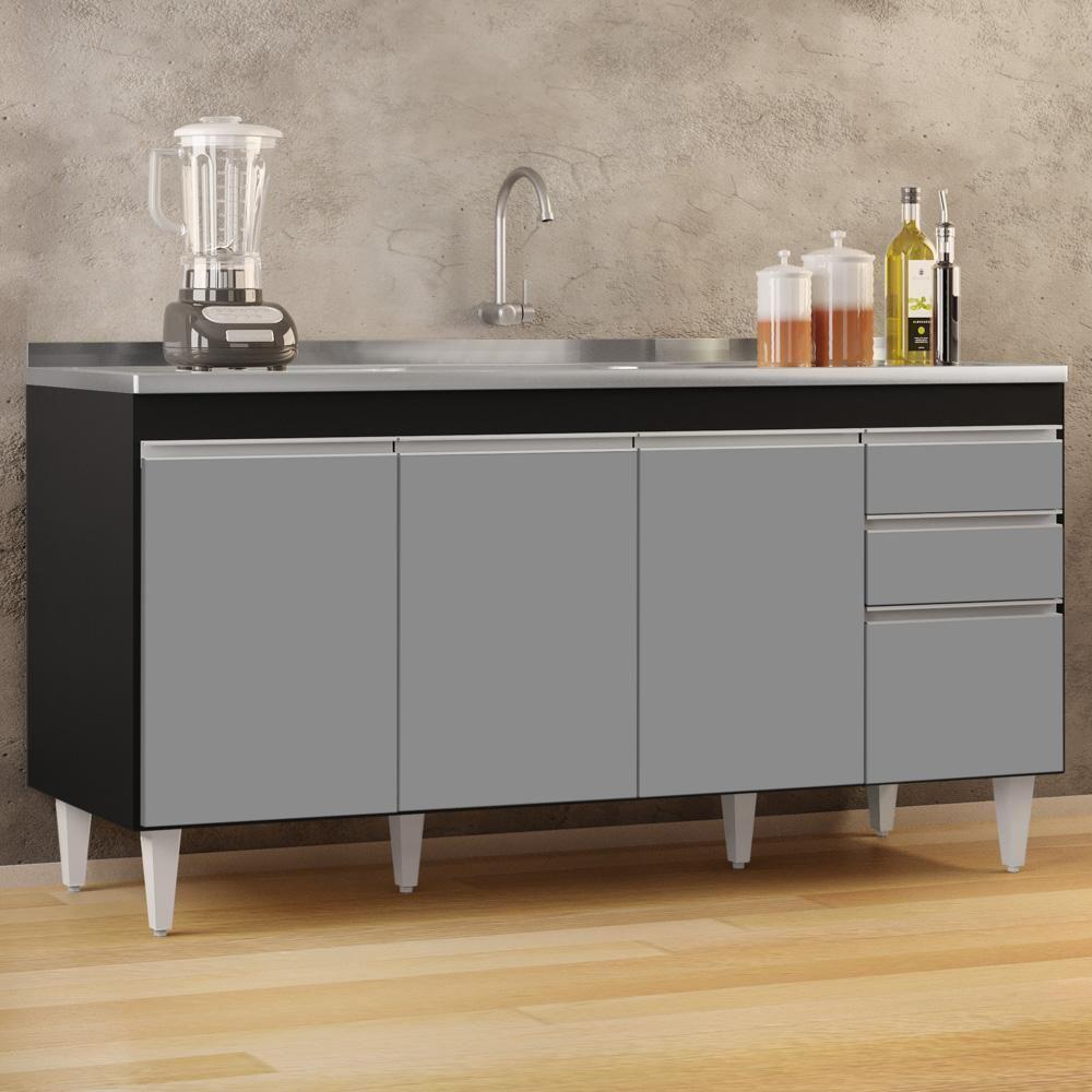 Balcão Gabinete Com Pia Inox 160cm Arkansas Preto-cinza - Lumil - 2