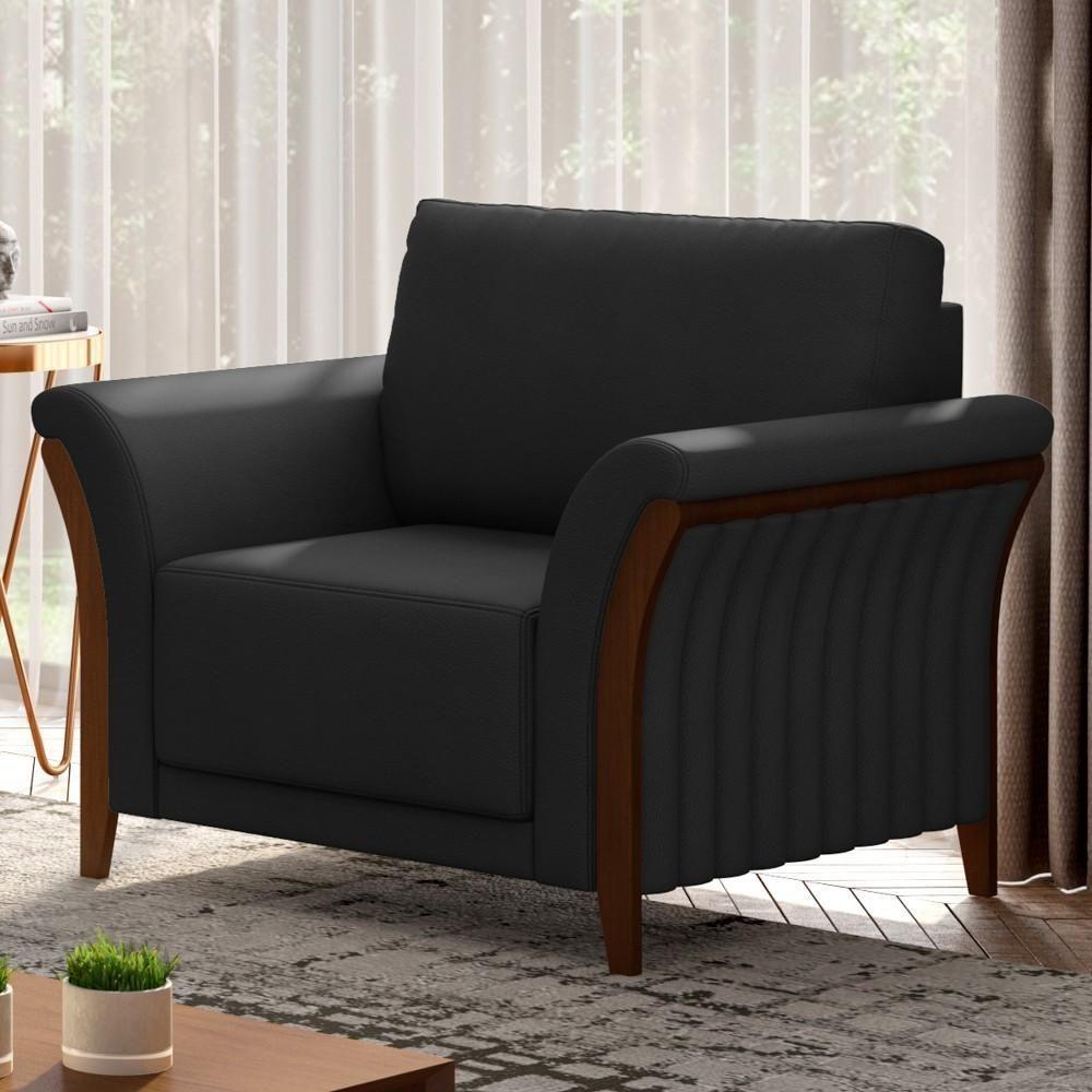 Kit 2 Poltronas Decorativas Sala De Estar 102cm Pés Madeira Roya M22 Pu Preto - Mpozenato - 3