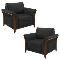 Kit 2 Poltronas Decorativas Sala De Estar 102cm Pés Madeira Roya M22 Pu Preto - Mpozenato - 1