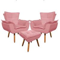 Kit 2 Poltronas Decorativas Pés Palito Com Puff Opla Suede Rose - Ibiza - 1