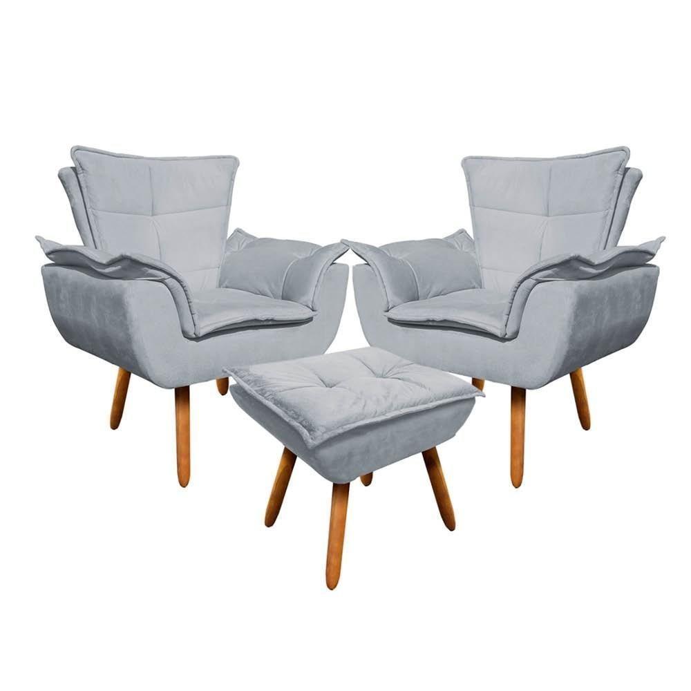 Kit 2 Poltronas Decorativas Pés Palito Com Puff Opla Suede Cinza - Ibiza - 1
