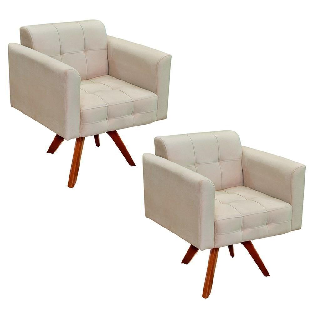 Kit 2 Poltronas Decorativas Base Madeira Giratória Ana Suede Bege - Ibiza - 1