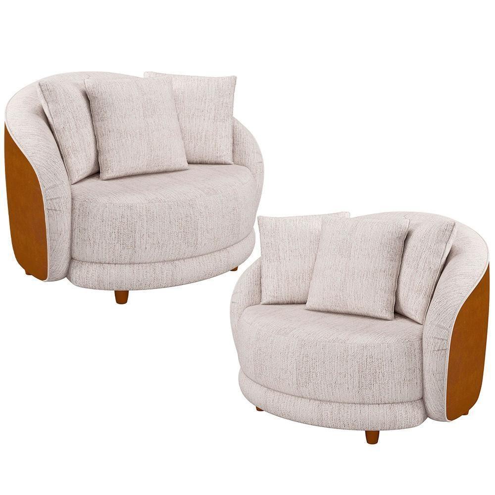 Kit 2 Poltronas Decorativa Para Sala Pés Madeira Kaly M22 Sintético Caramelo-linho Bege - Mpozenato - 1