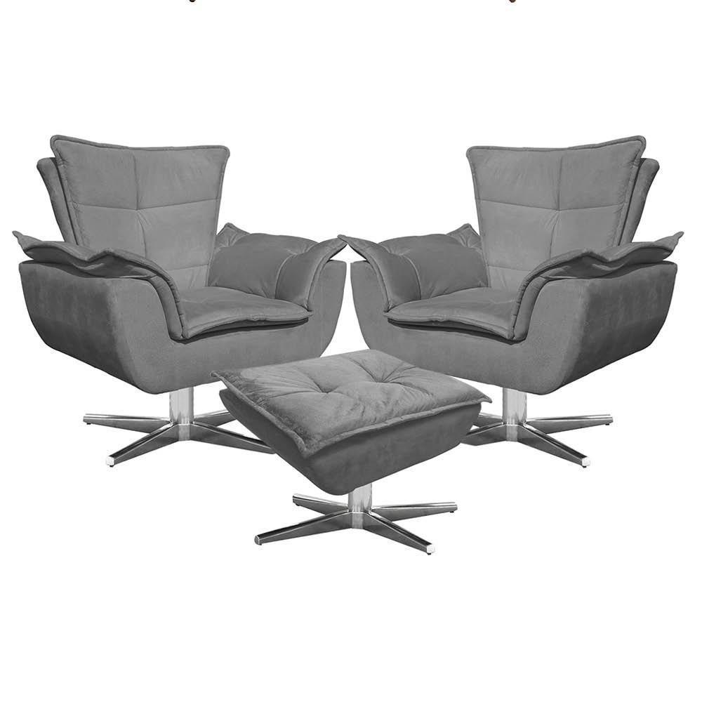 Kit 2 Poltronas Decorativas Base Giratória Cromada Com Puff Opla Suede Grafite - Ibiza - 1
