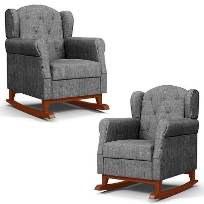 Kit 02 Poltronas Amamentação Base Madeira Balanço Lucy P04 Linho Cinza Escuro - Mpozenato