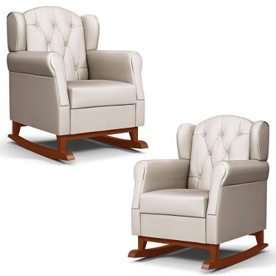 Kit 02 Poltronas Amamentação Base Madeira Balanço Lucy P04 Sintético Bege - Mpozenato