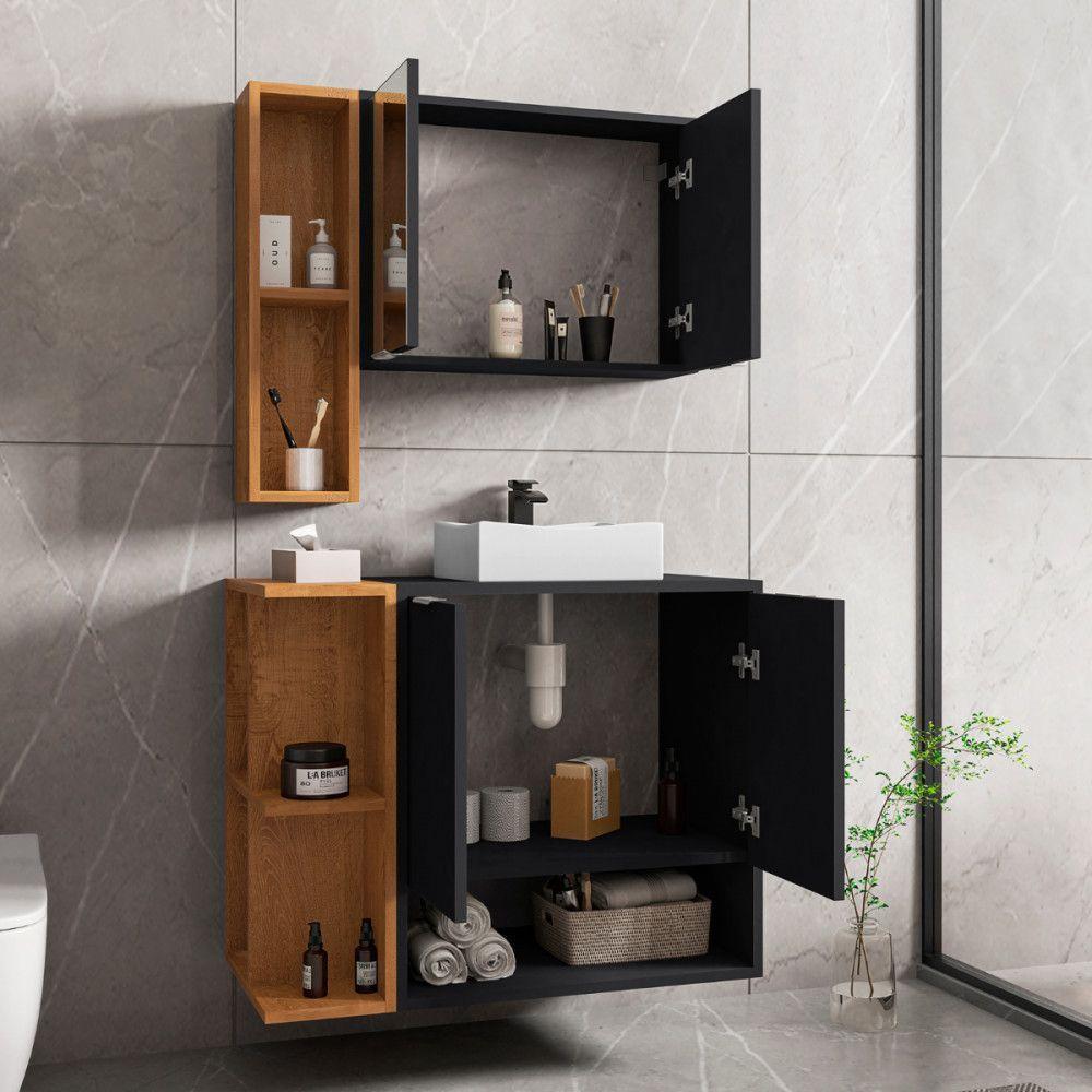 Gabinete Com Cuba E Espelheira Ibiza Preto Naturalle Bechara Preto Com Naturalle - 2