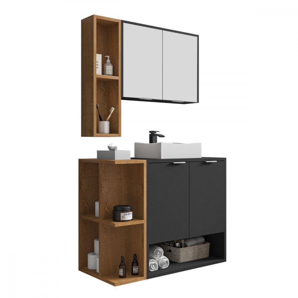 Gabinete Com Cuba E Espelheira Ibiza Preto Naturalle Bechara Preto Com Naturalle - 3