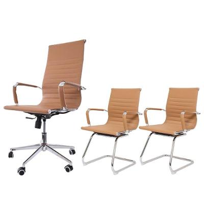 Kit Cadeira De Escritório Presidente Stripes +2 Cadeiras De Escritório Stripes Fixas Caramelo