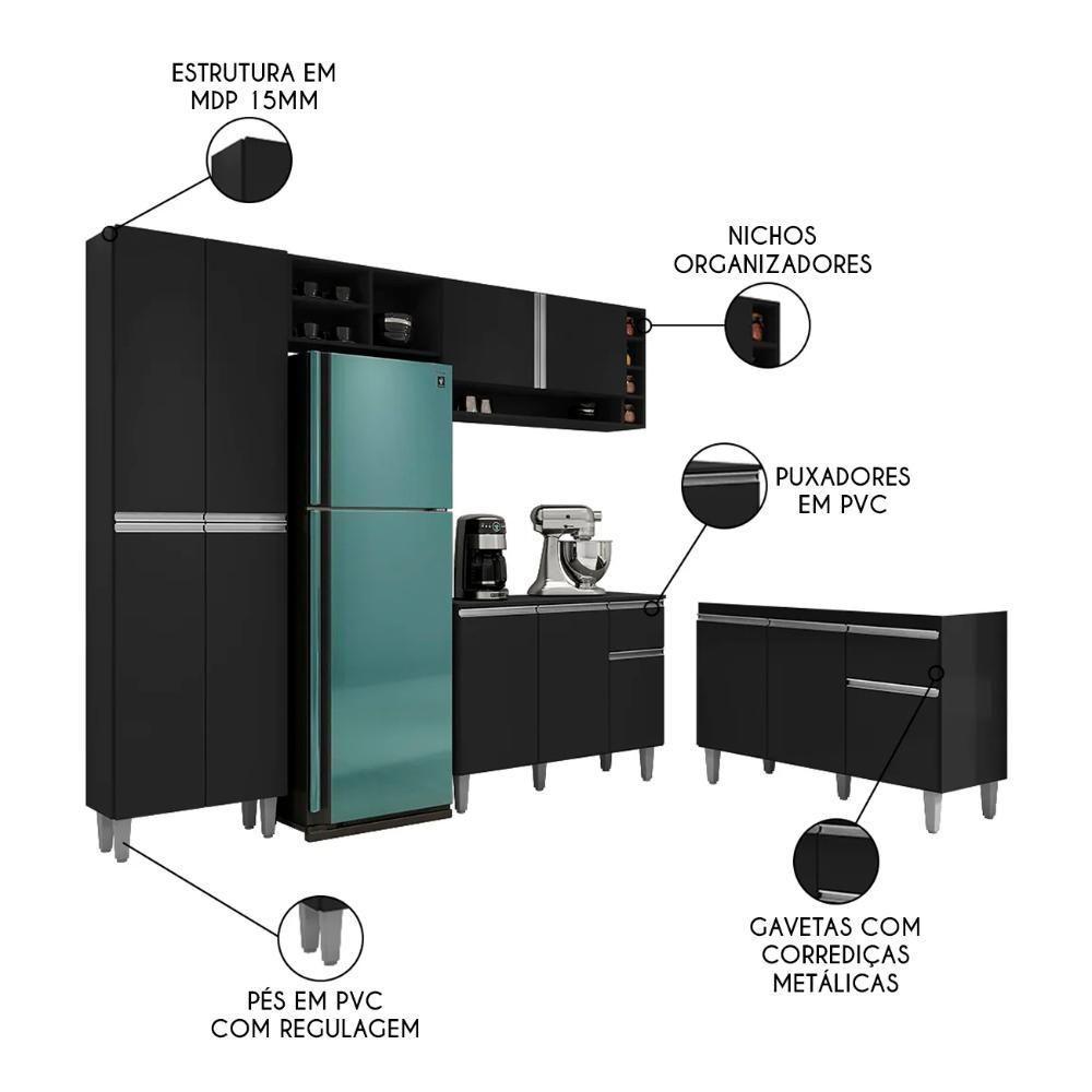 Cozinha Compacta Vanessa E Balcão Gabinete Sem Tampo Tatiane 120cm Preto - Ajl Móveis - 3