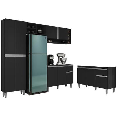 Cozinha Compacta Vanessa Tatiane 12 Portas 2 Gavetas MDF 120cm Preto com Armários Aéreos