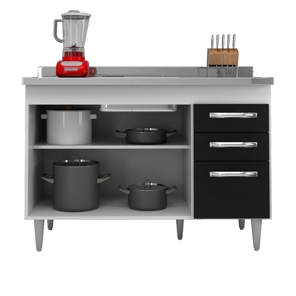 Balcão Gabinete Para Pia 120cm Suécia 3 Portas 2 Gavetas Sem Tampo Branco-preto - Lumil Móveis - 3