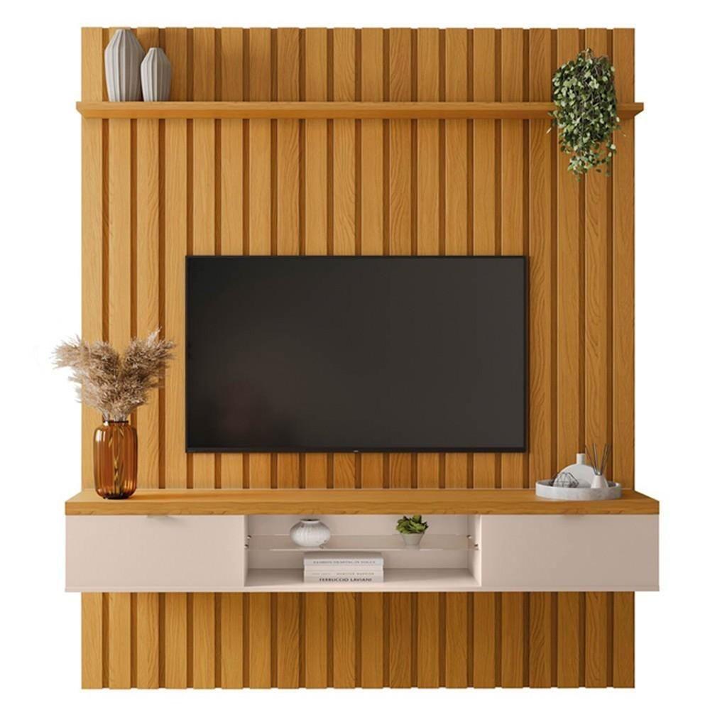 Painel Ripado Para Tv Com Bancada Suspensa 180cm Illusiê H01 Cinamomo-off White - Mpozenato - 1
