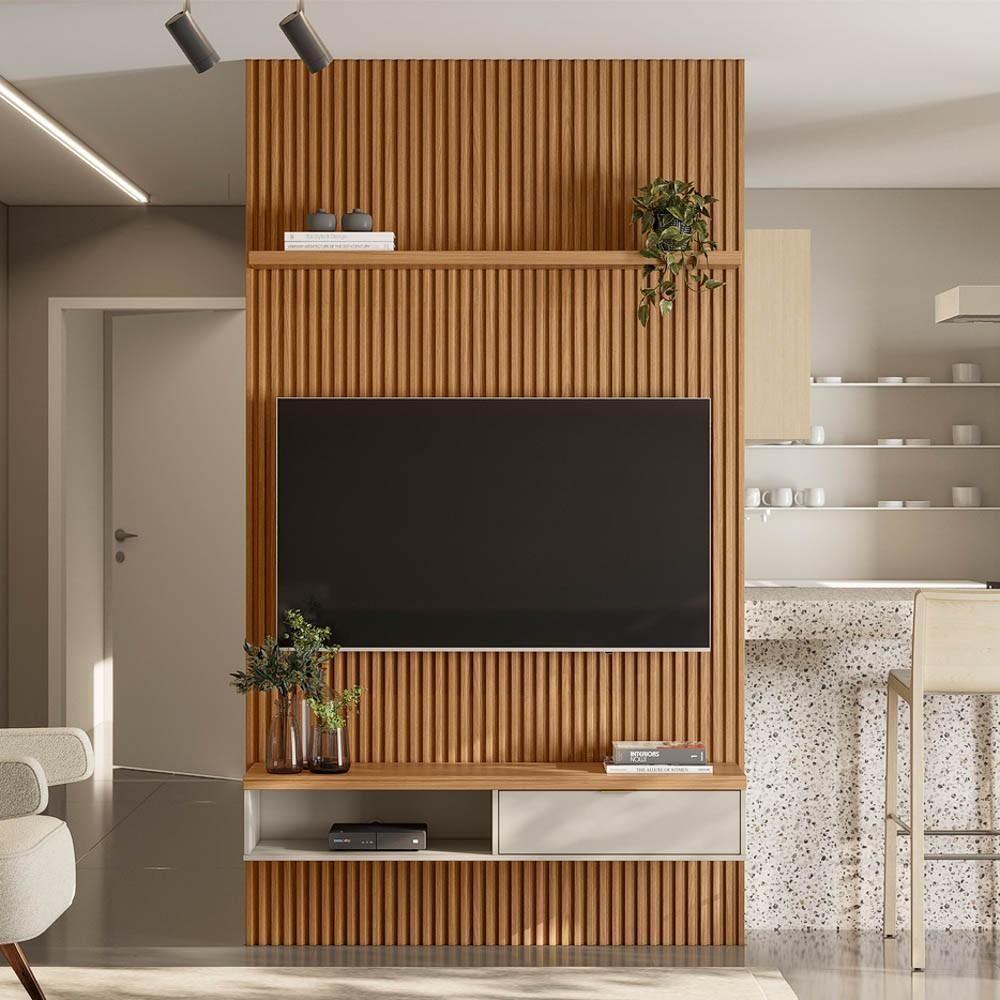 Painel Ripado Para Tv 60 Pol. Com Bancada 141cm Prime Plus L06 Nature-off White - Mpozenato - 2