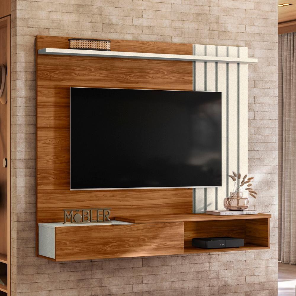 Painel Home Suspenso Vegas 1.6 Com Ripado E 1 Porta 160 Cm Cinamomo Perola Metalizado - 2