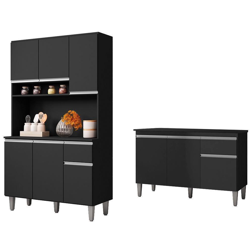 Cozinha Compacta Márcia E Balcão Gabinete Com Tampo Tatiane 120cm Preto - Ajl Móveis - 1