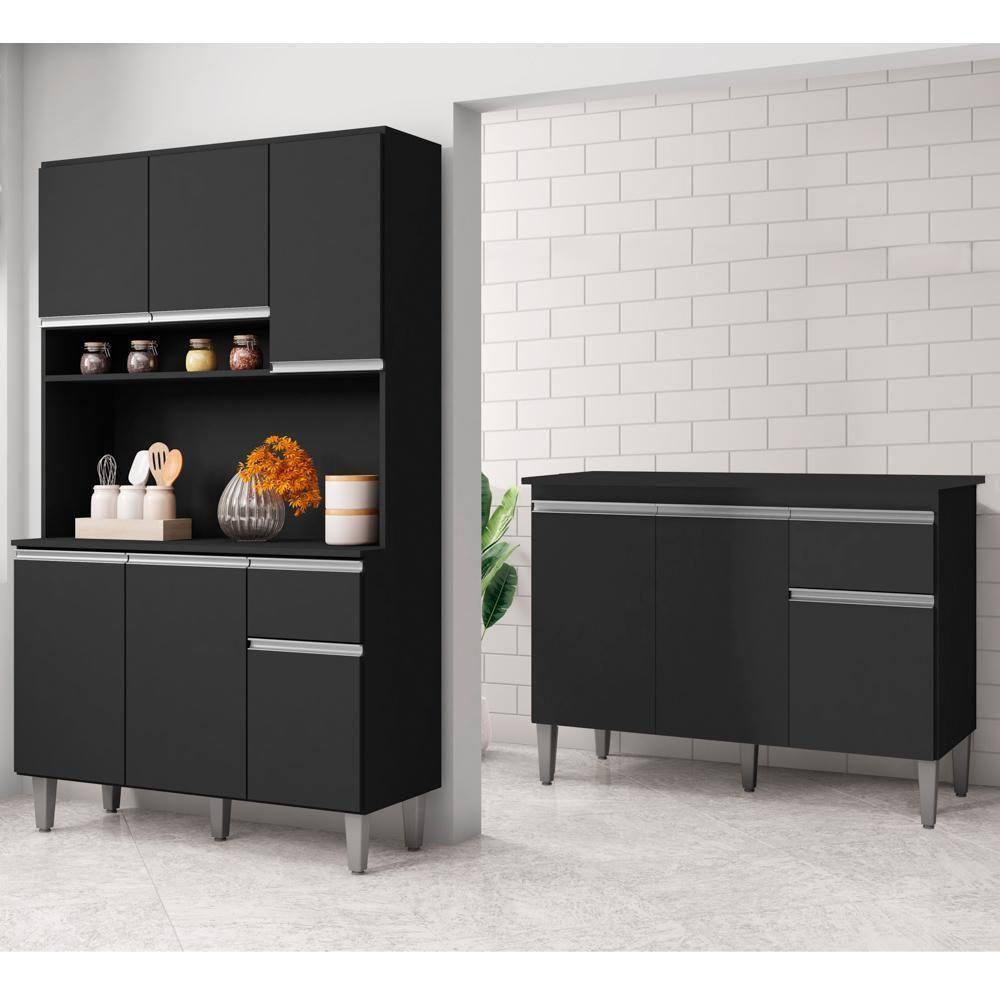 Cozinha Compacta Márcia E Balcão Gabinete Com Tampo Tatiane 120cm Preto - Ajl Móveis - 2