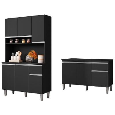 Cozinha Compacta Márcia e Balcão Gabinete com Tampo 9 Portas 2 Gavetas MDF 120cm Preto