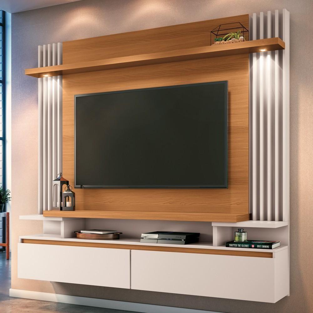 Painel Para Tv Suspenso 55 Pol. Ripado Khosmos H01 Off White-cinamomo - Mpozenato - 2