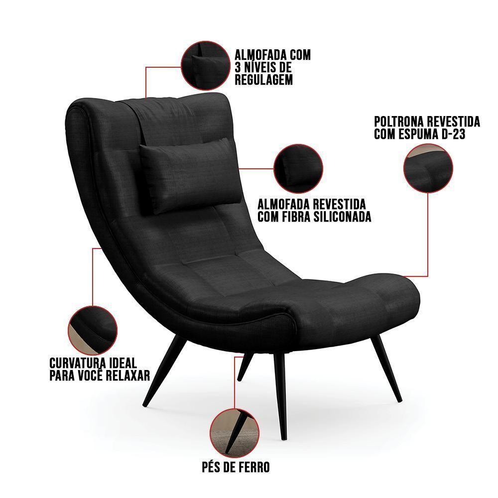 Poltrona Decorativa Para Sala De Estar Com Almofada E Pés Palito Lord Facto Dunas Preto - Ibiza - 3