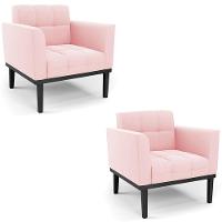 Poltrona Base Madeira Preto Kit 2 Ana Suede Rosa Bebê - Ibiza - 1