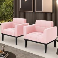 Poltrona Base Madeira Preto Kit 2 Ana Suede Rosa Bebê - Ibiza - 2