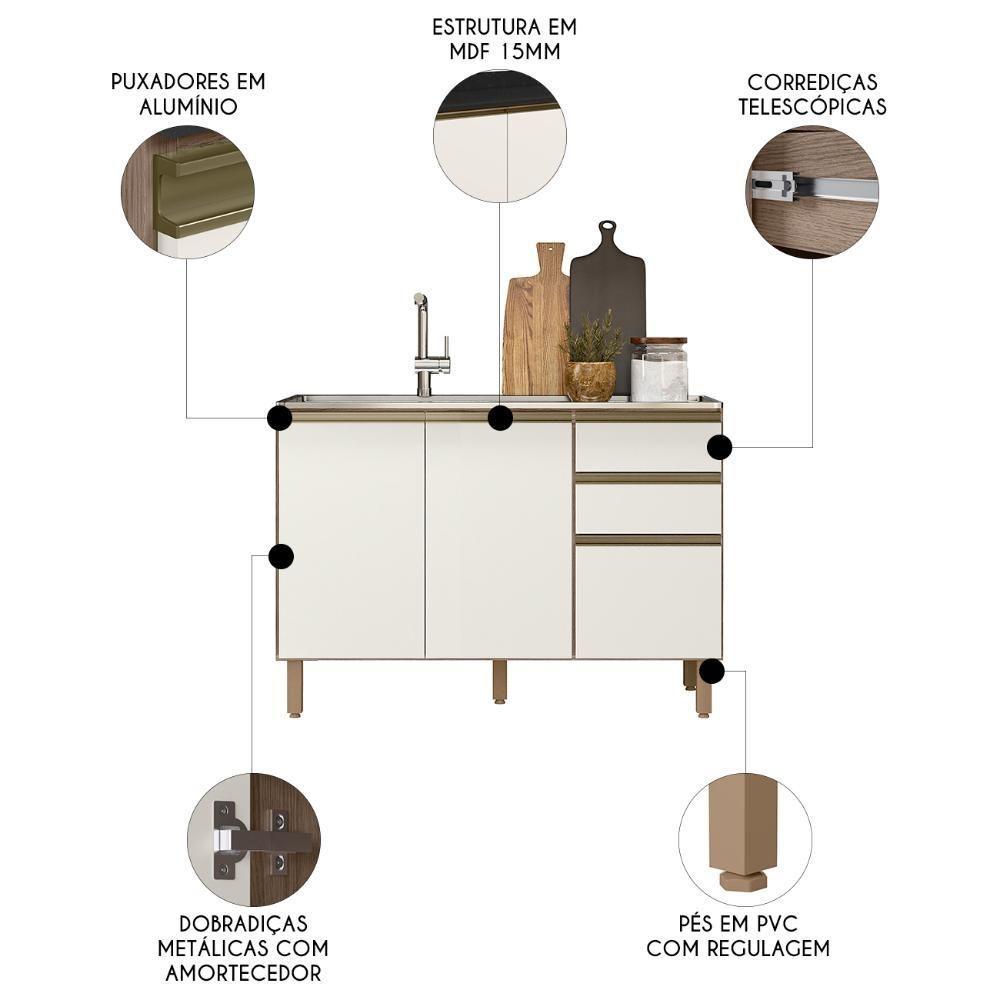 Balcão De Cozinha Com Pia Inox 120cm Maly N03 Carvalho-off White - Mpozenato - 3