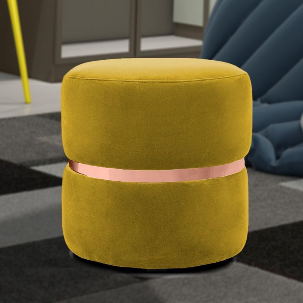 Puff Decorativo Com Cinto Rosê Round C-279 Veludo Amarelo - Domi - 2