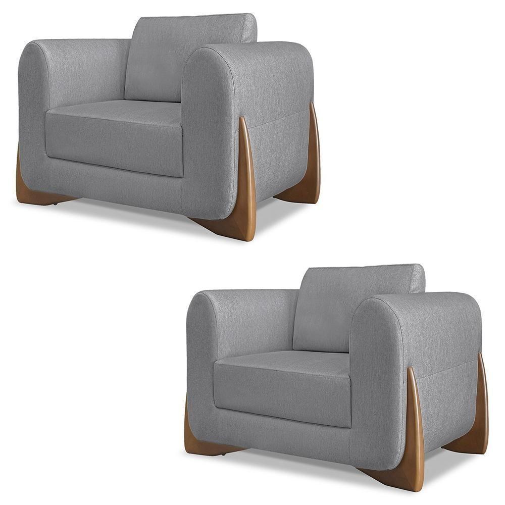Poltrona Para Sala Base De Madeira Kit 2 Izzy S06 Linho Cinza - Mpozenato - 1