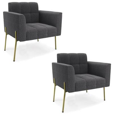 Kit 2 Poltronas Para Sala Ana Bouclê Grafite Pés Metal Dourado Ibiza