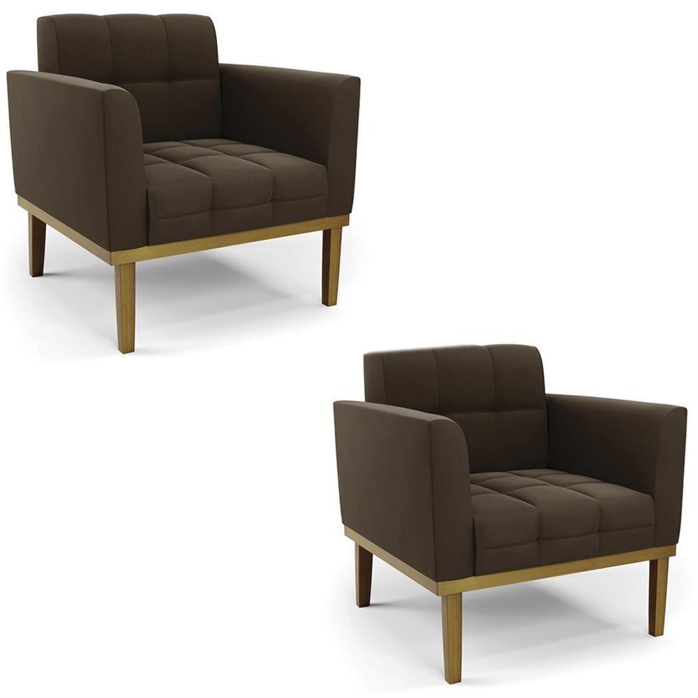 Poltrona Base Madeira Castanho Kit 2 Ana Suede Marrom - Ibiza - 1