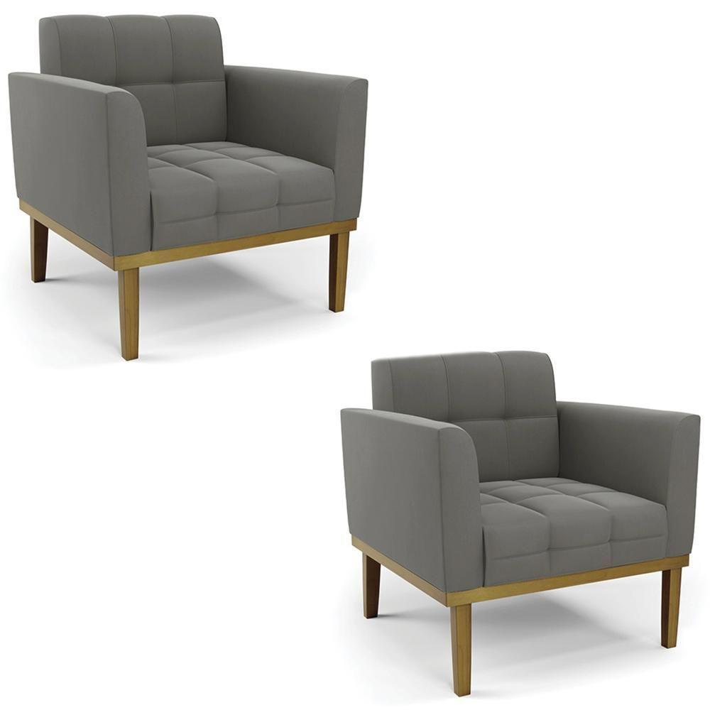 Poltrona Base Madeira Castanho Kit 2 Ana Suede Grafite - Ibiza - 1