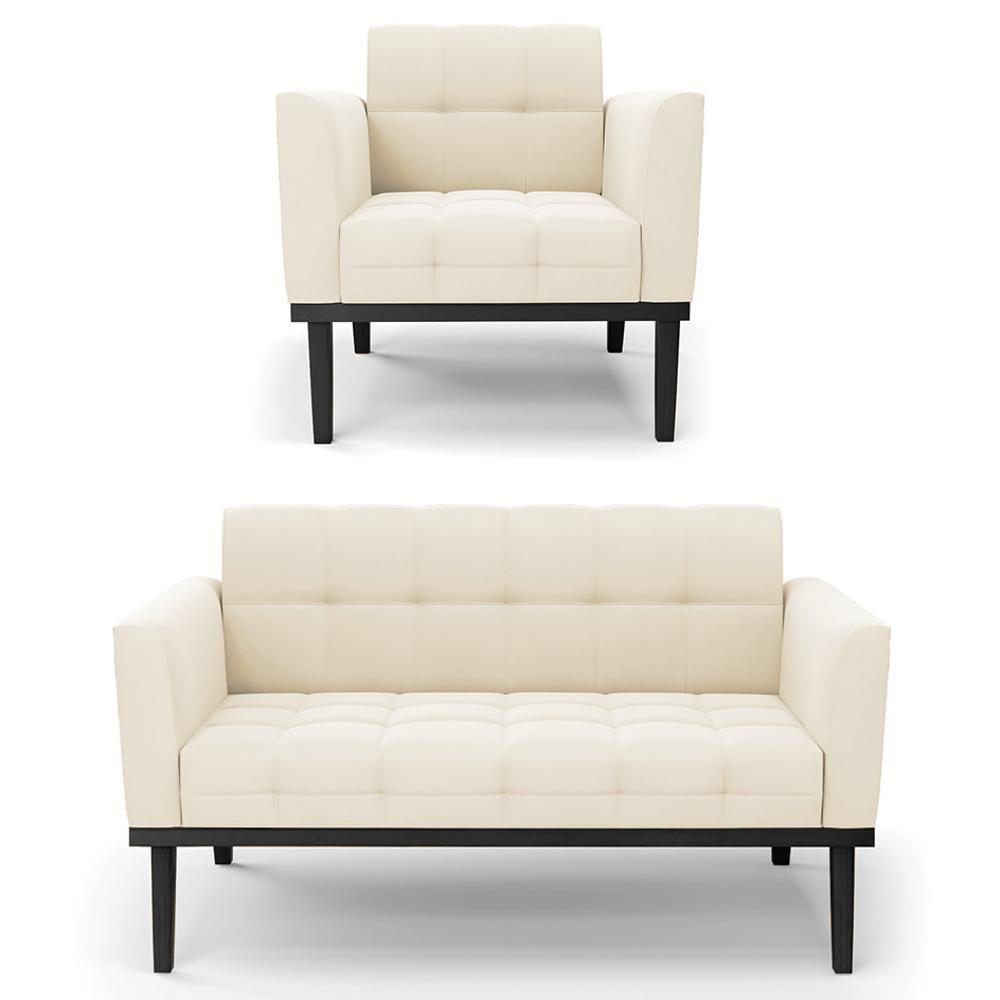 Sofá Namoradeira E 1 Poltrona Base Madeira Preto Ana Veludo Bege - Ibiza - 1