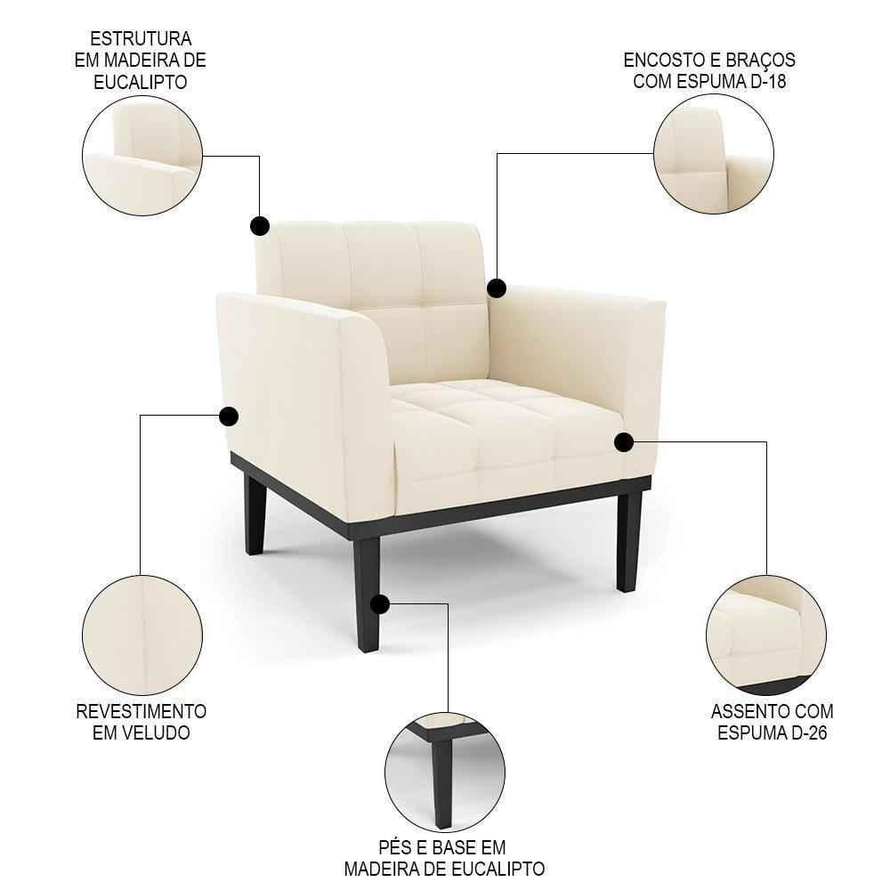 Sofá Namoradeira E 1 Poltrona Base Madeira Preto Ana Veludo Bege - Ibiza - 5