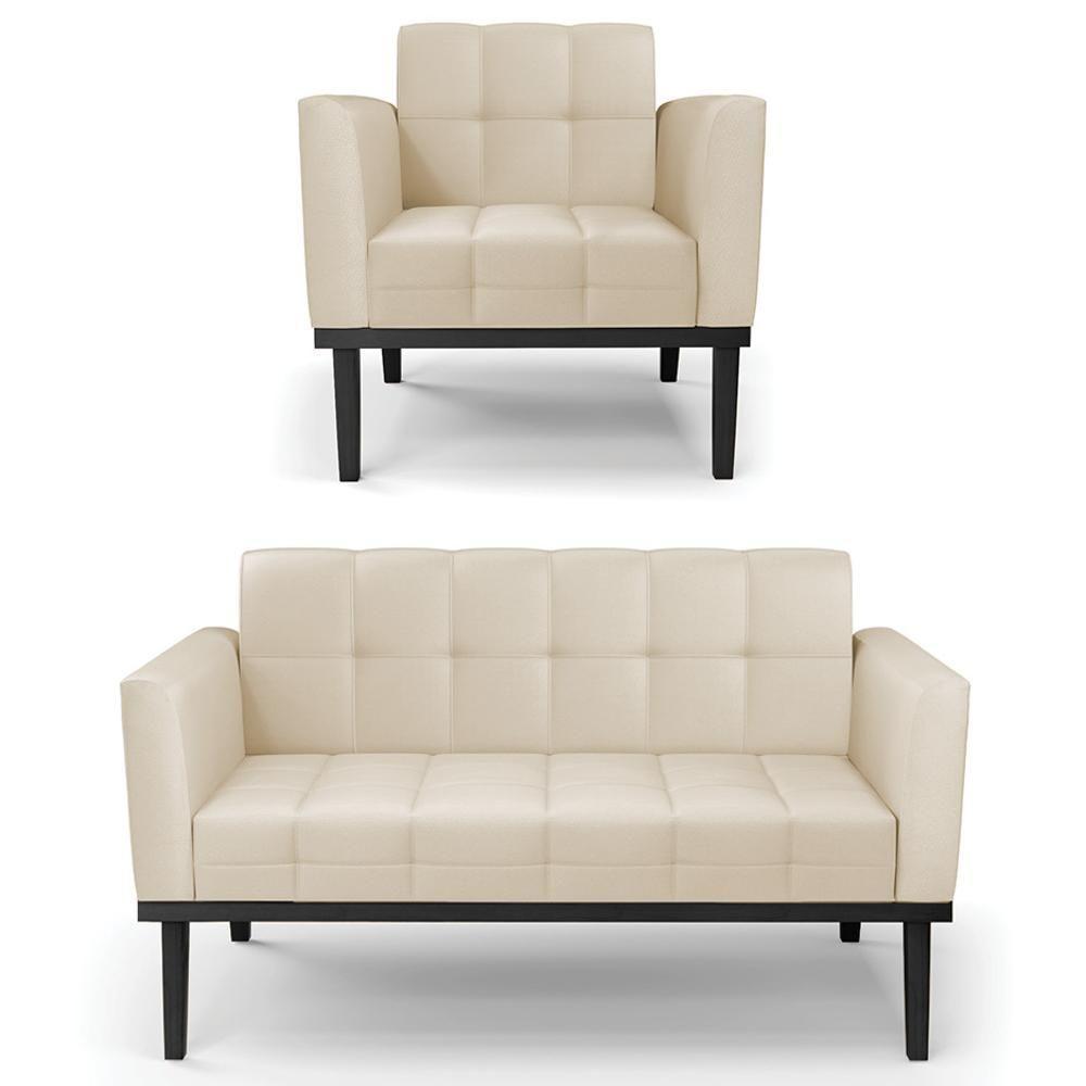 Sofá Namoradeira E 1 Poltrona Base Madeira Preto Ana Sintético Bege - Ibiza - 1